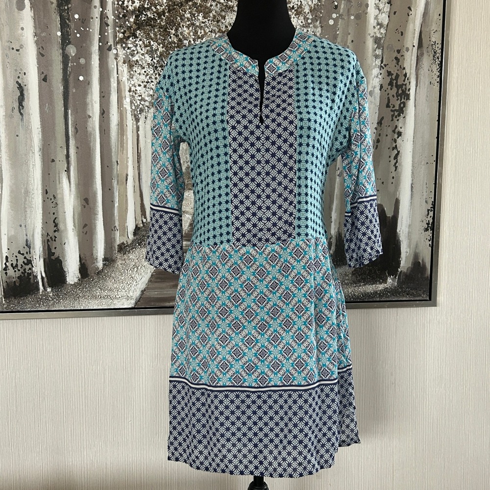 Tommy Bahama Womens White Blue Geometric Lightweight‎ 3/4 Sleeve Dress - S/P